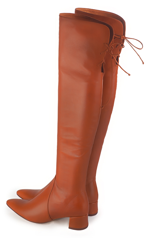 Terracotta orange women's leather thigh-high boots. Tapered toe. Low flare heels. Made to measure. Rear view - Florence KOOIJMAN